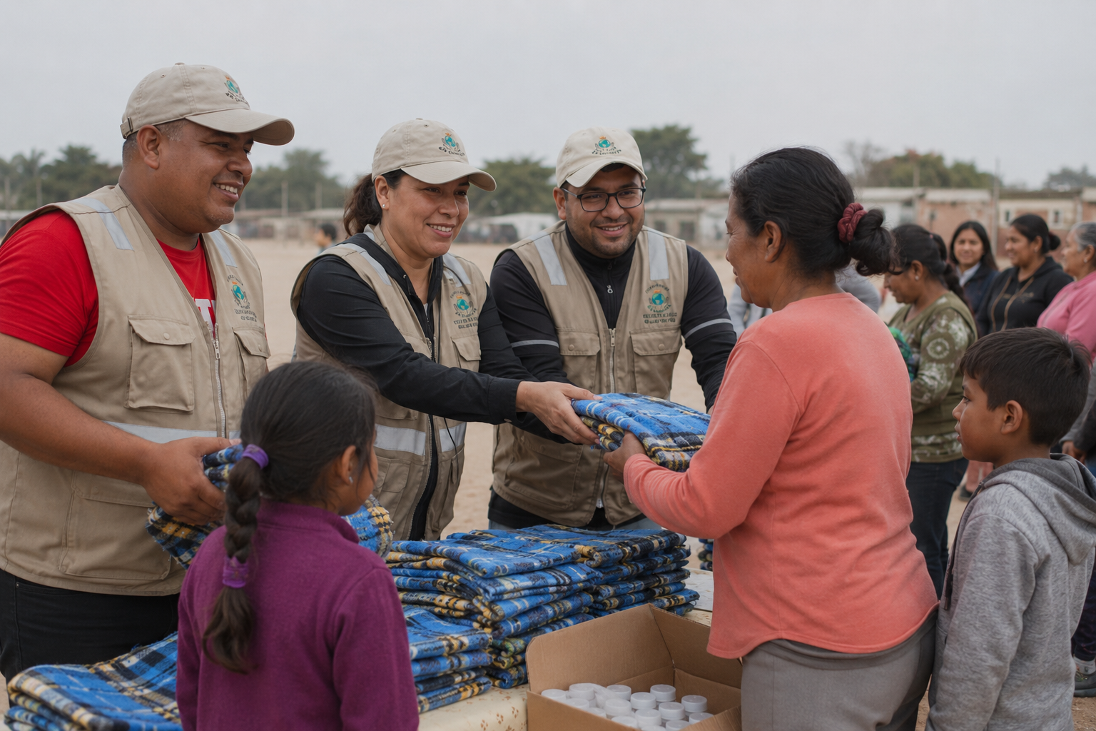 Equipo de voluntarios repartiendo frazadas y abrigo