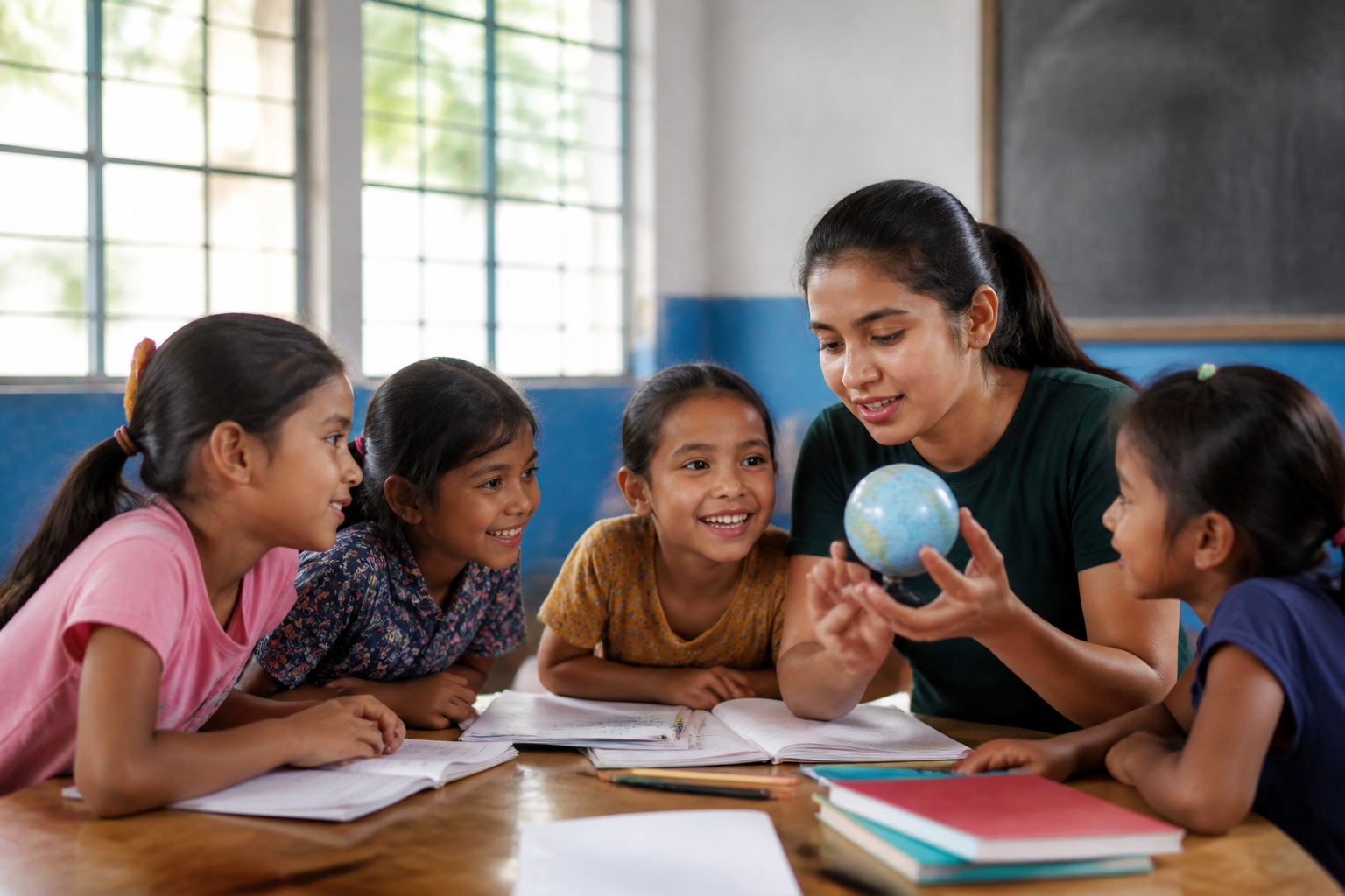 Voluntaria de La Dorada Ranch enseñando geografía con un globo terráqueo a niños peruanos